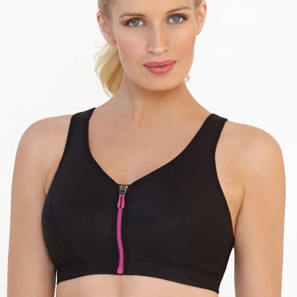 Glamorise SPORT Bra 36B (HIGH-IMPACT) Wicks (RACERBACK) T-Back Zip-Up Black NEW - Picture 1 of 16